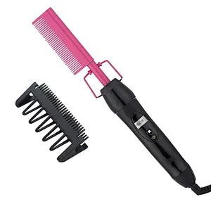 Homfu Electric Hot Comb Hair Straightener Heat Pressing Comb Ceramic Curling Flat Iron Curler Designed Hair Straightener Brush for Natural Black ,Anti-Scald Beard Straightening Electric Press Comb
