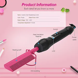 Homfu Electric Hot Comb Hair Straightener Heat Pressing Comb Ceramic Curling Flat Iron Curler Designed Hair Straightener Brush for Natural Black ,Anti-Scald Beard Straightening Electric Press Comb
