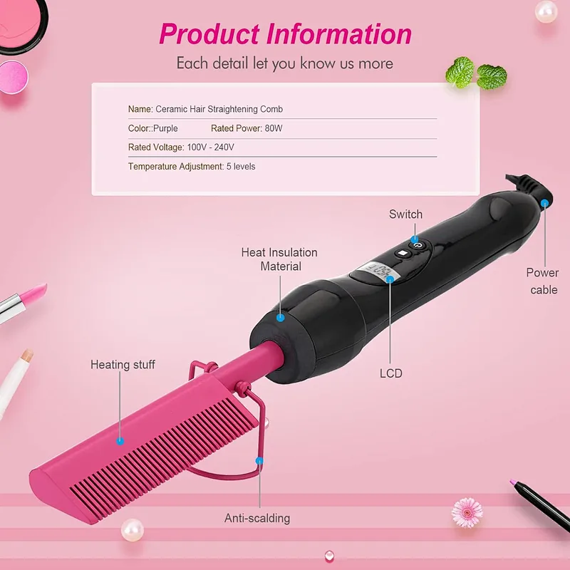 Homfu Electric Hot Comb Hair Straightener Heat Pressing Comb Ceramic Curling Flat Iron Curler Designed Hair Straightener Brush for Natural Black ,Anti-Scald Beard Straightening Electric Press Comb